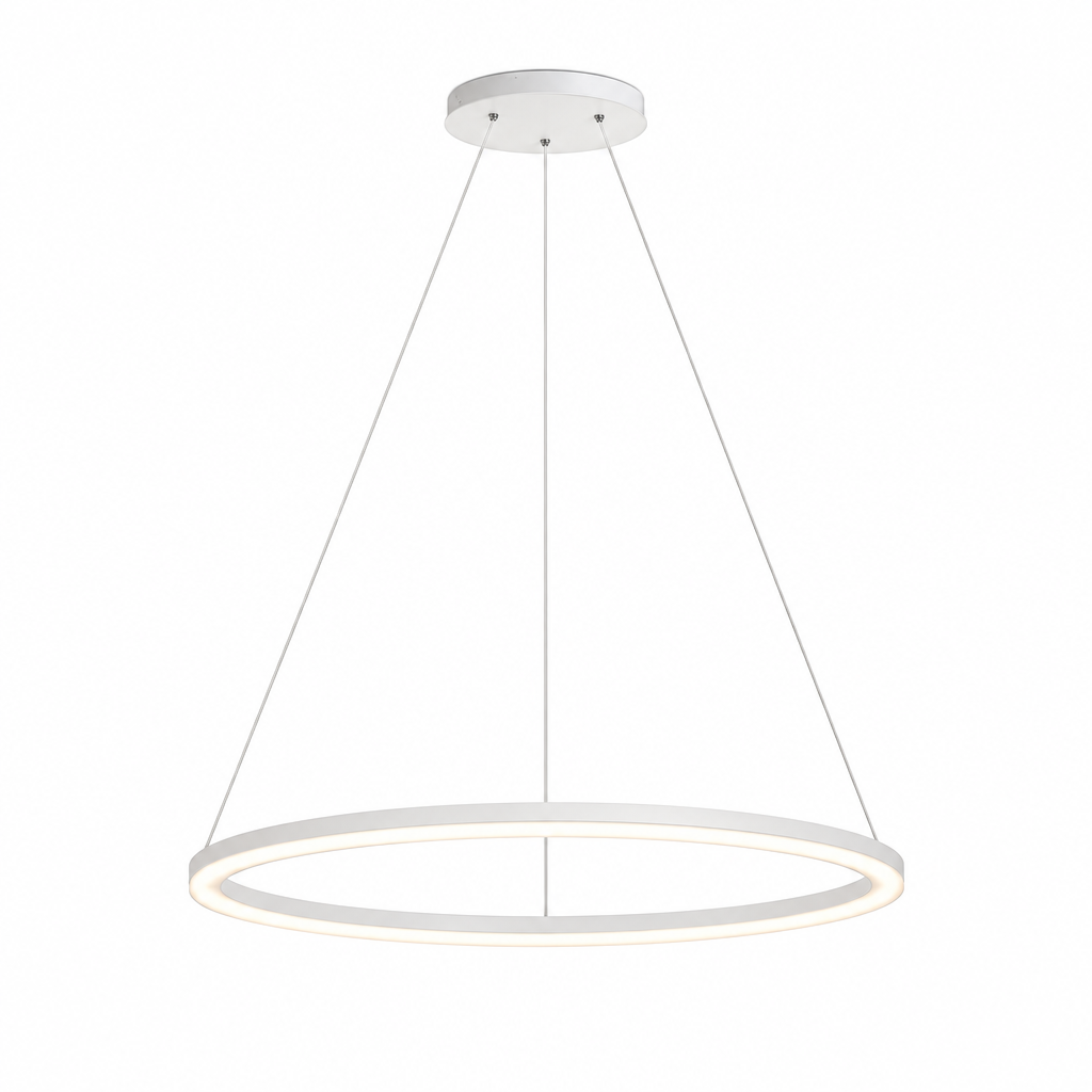 White modern round LED ring chandelier on white background