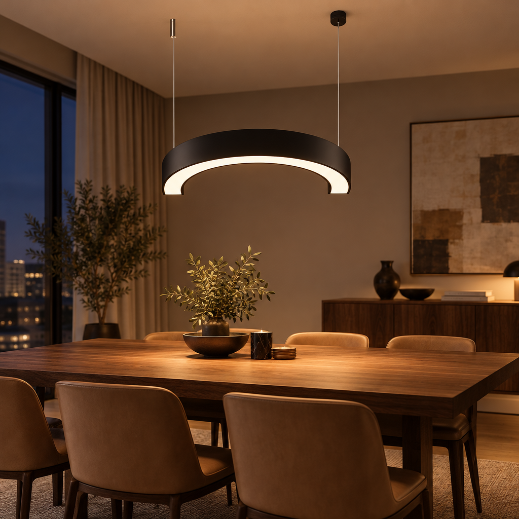 Black C-shaped arc LED pendant light above a dining table in a modern dining room