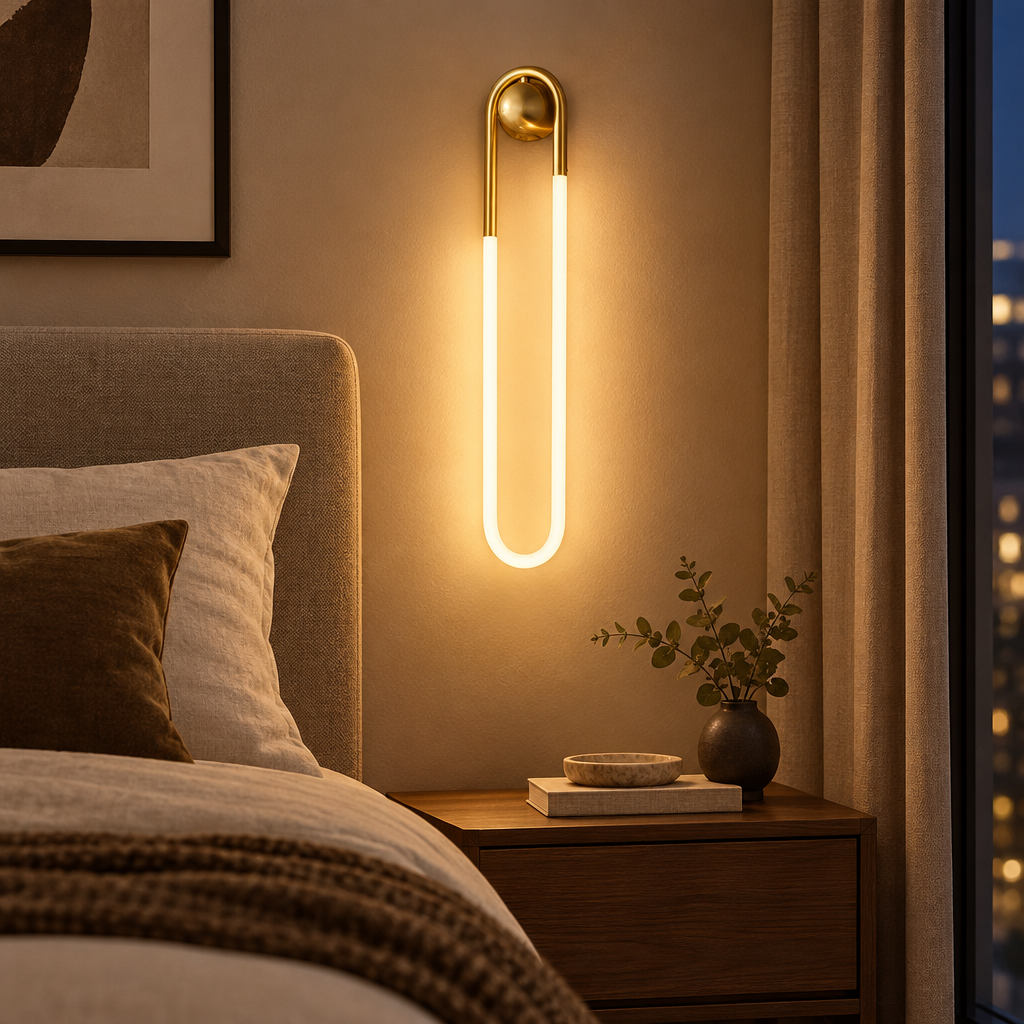 Copper rounded-rectangle LED wall sconce beside a bed in a bedroom