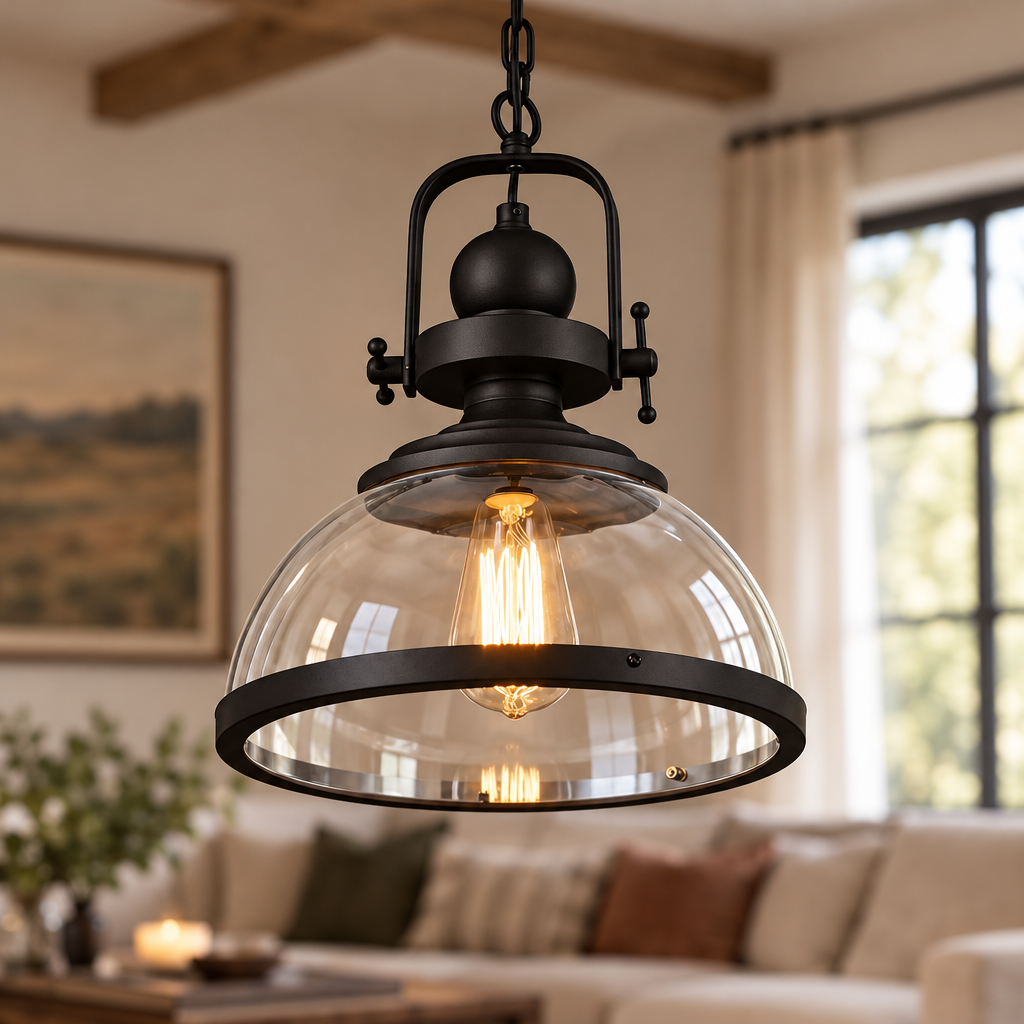 Industrial clear glass bowl pendant light with black metal cap close-up detail