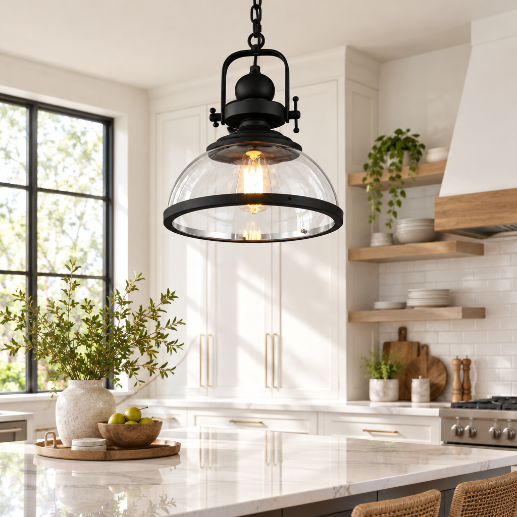 Industrial clear glass bowl pendant light with black metal cap over a kitchen island in a bright kitchen