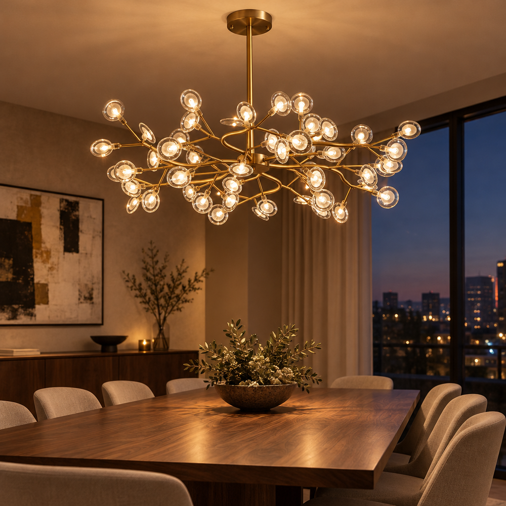Brass firefly satellite chandelier with many small glass globe lights above a dining table in a modern dining room