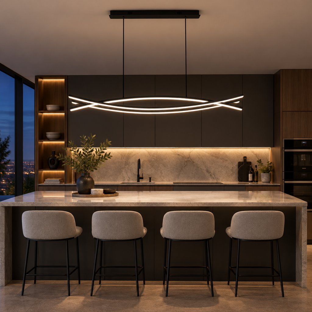 Black wavy aluminum LED linear pendant light over a kitchen island