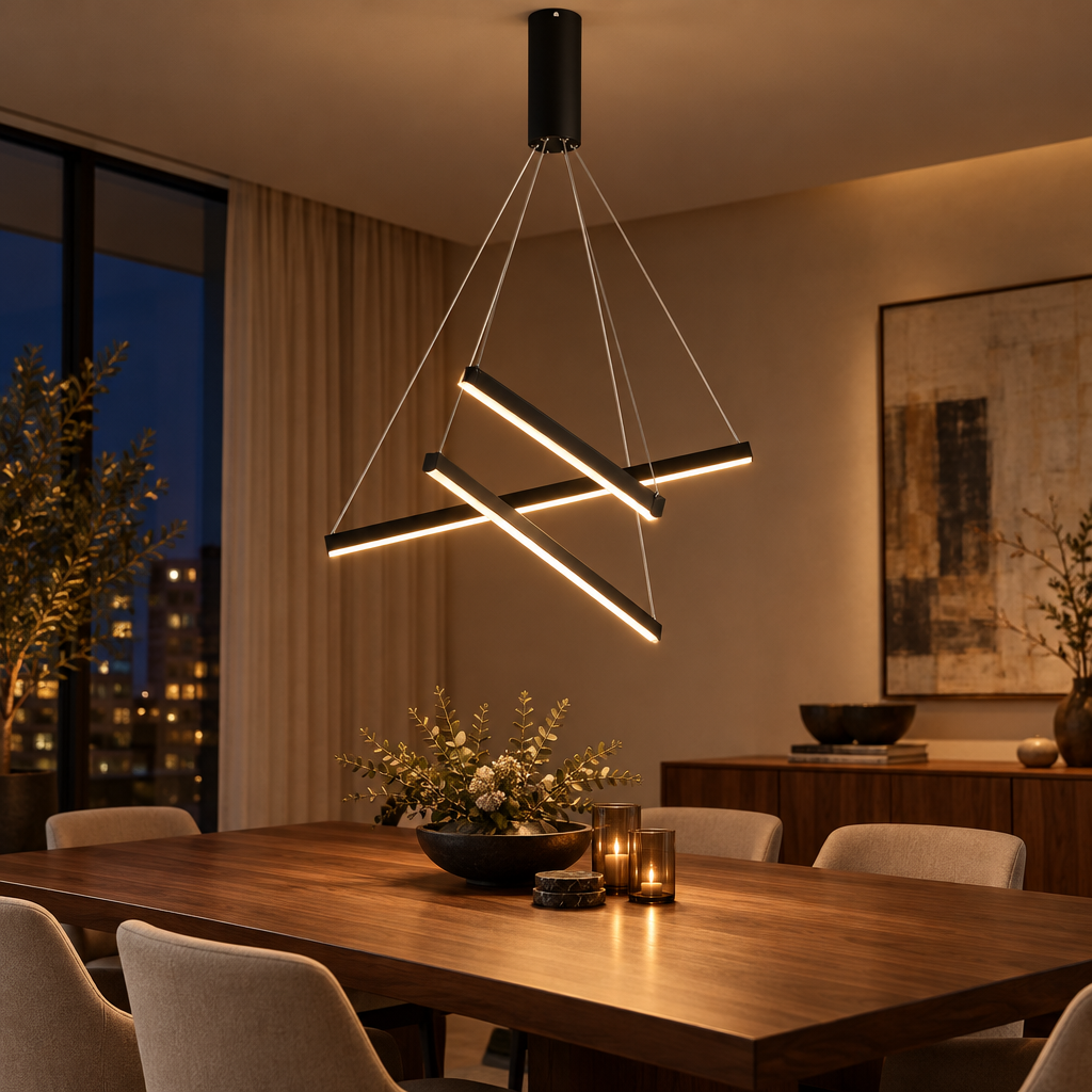 Modern black crossed-bar linear LED chandelier above a dining table in a modern dining room