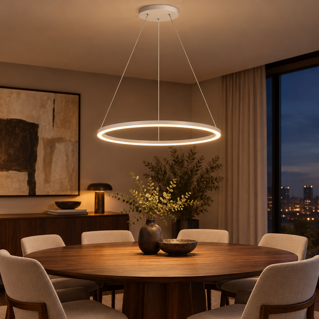 Modern round LED ring chandelier above a dining table in a modern dining room
