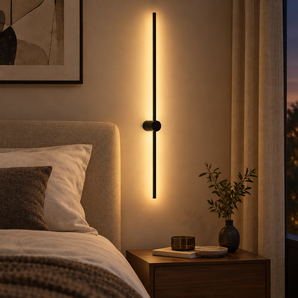 Ultra-thin black linear LED wall light bar beside a bed in a bedroom