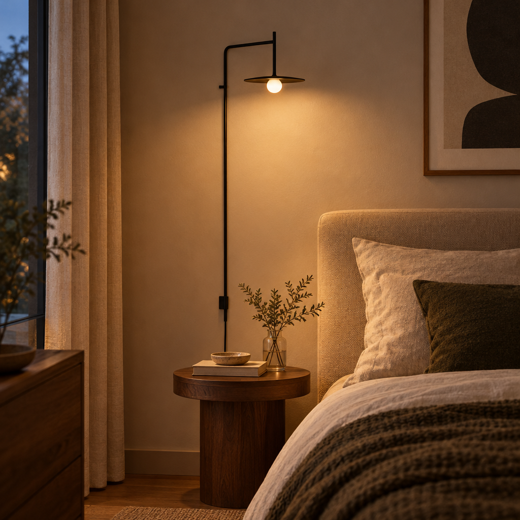 Black swing-arm wall lamp with disc shade beside a bed in a bedroom