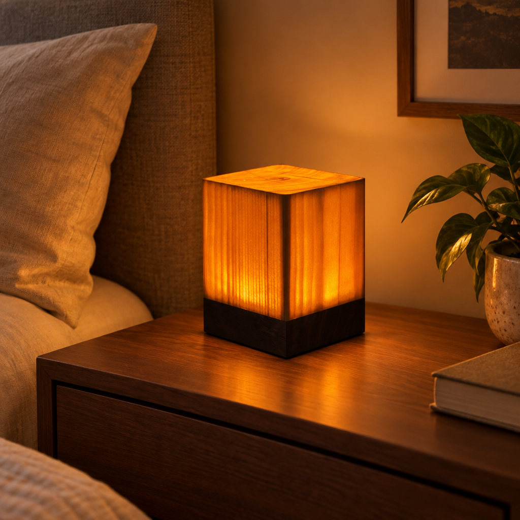 Wooden cube LED night light with warm glow on a bedroom nightstand