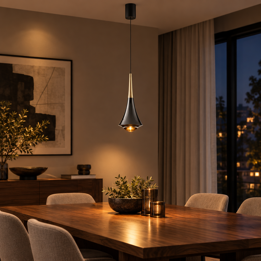 Black mini cone teardrop pendant light above a dining table in a modern dining room