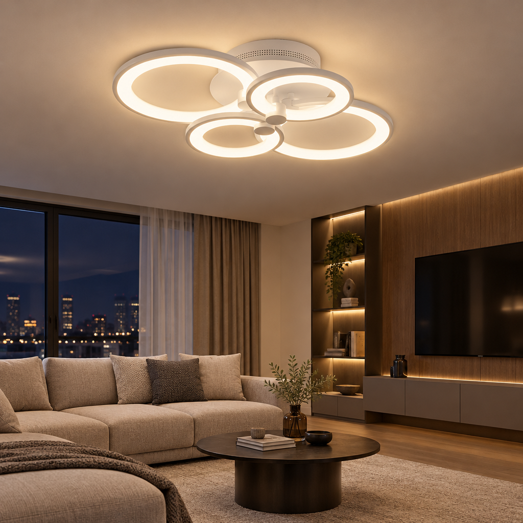 White overlapping multi-ring LED ceiling light on a living room ceiling