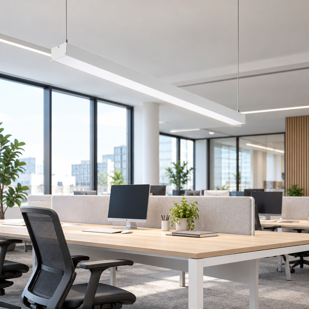 White commercial linear LED pendant light in a modern office