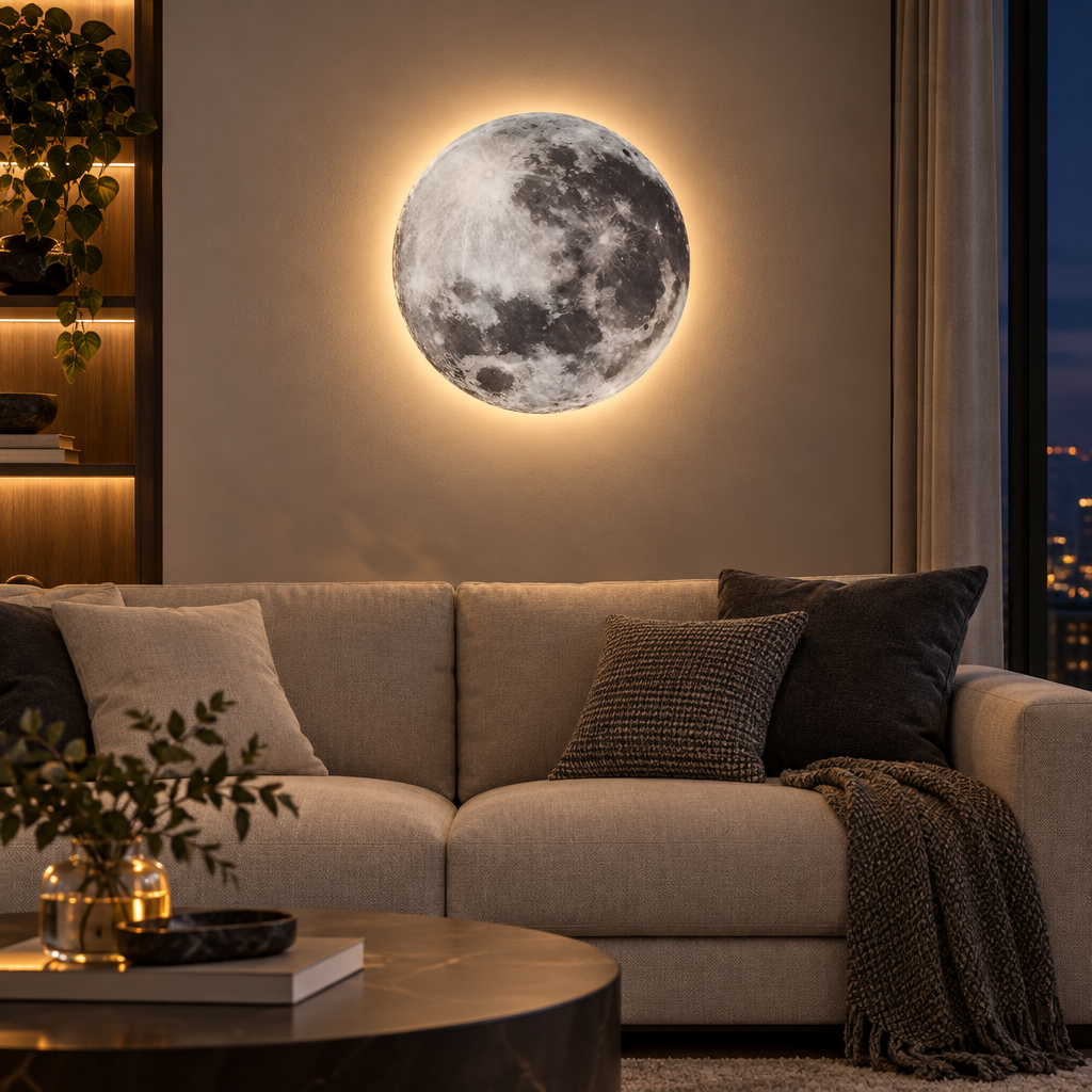 Full moon round LED wall lamp above a sofa in a living room