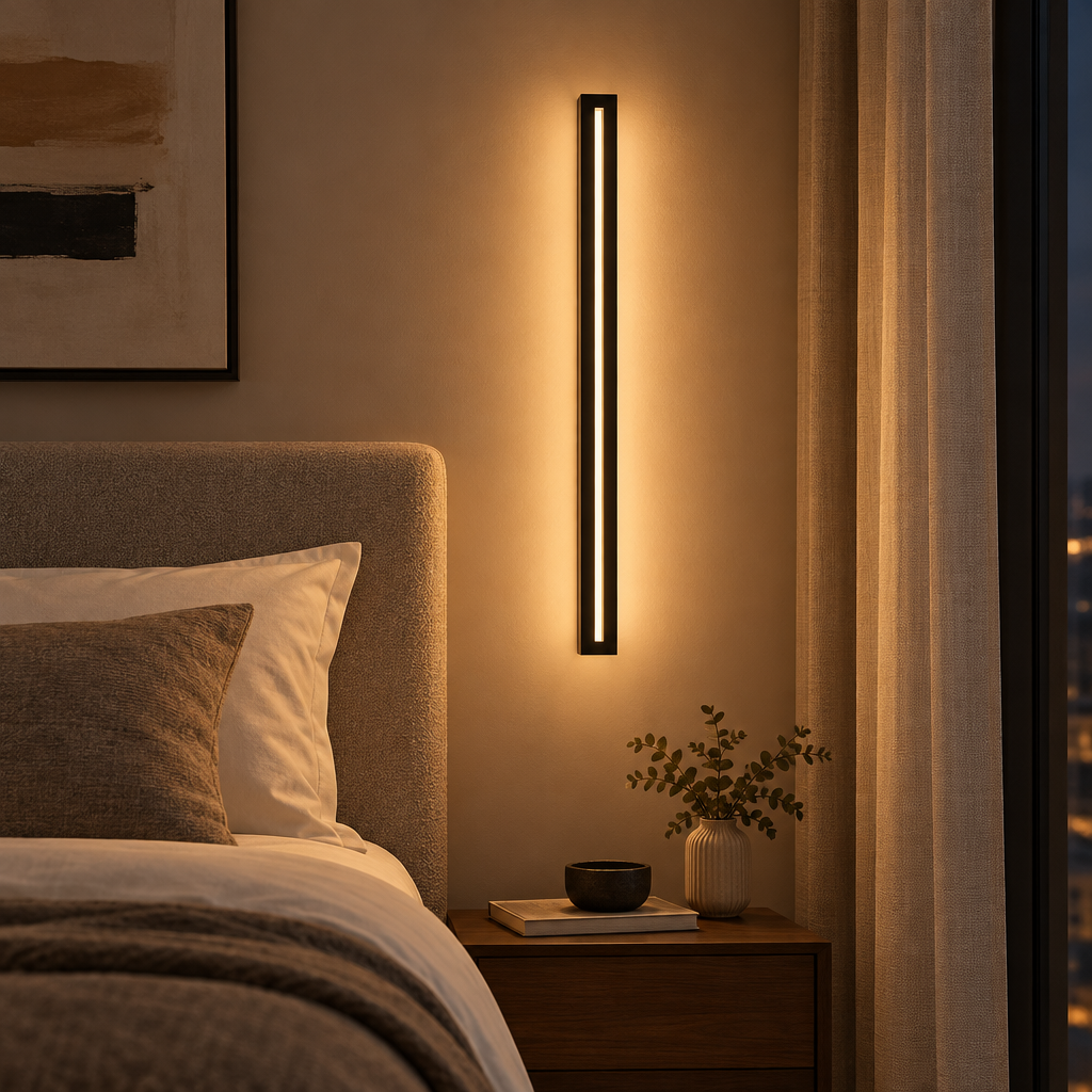 Long black linear LED wall sconce beside a bed in a bedroom