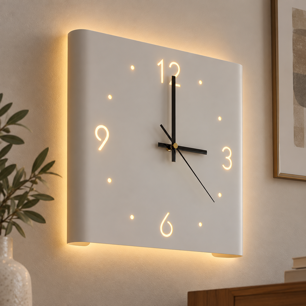 Square backlit wall clock lamp close-up detail
