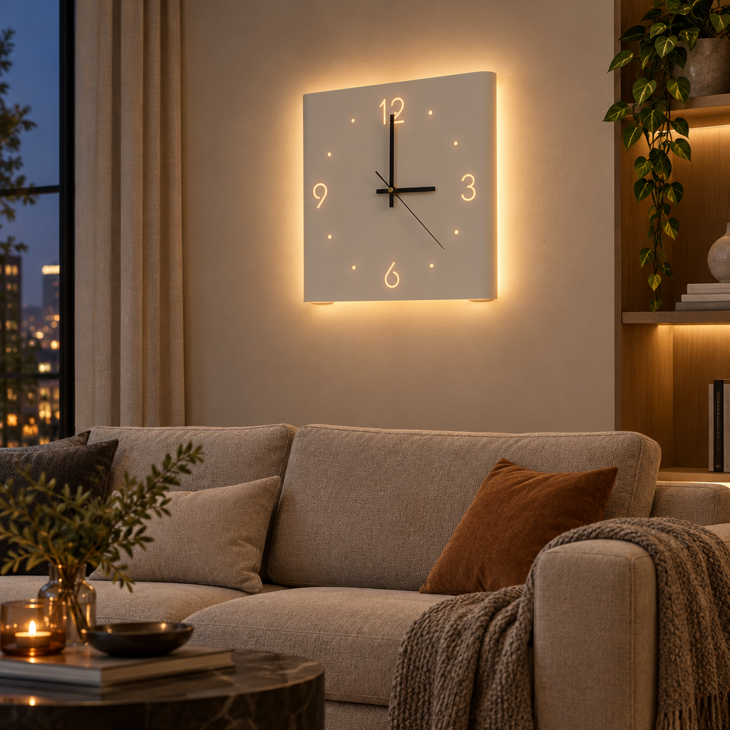 Square backlit wall clock lamp above a sofa in a living room