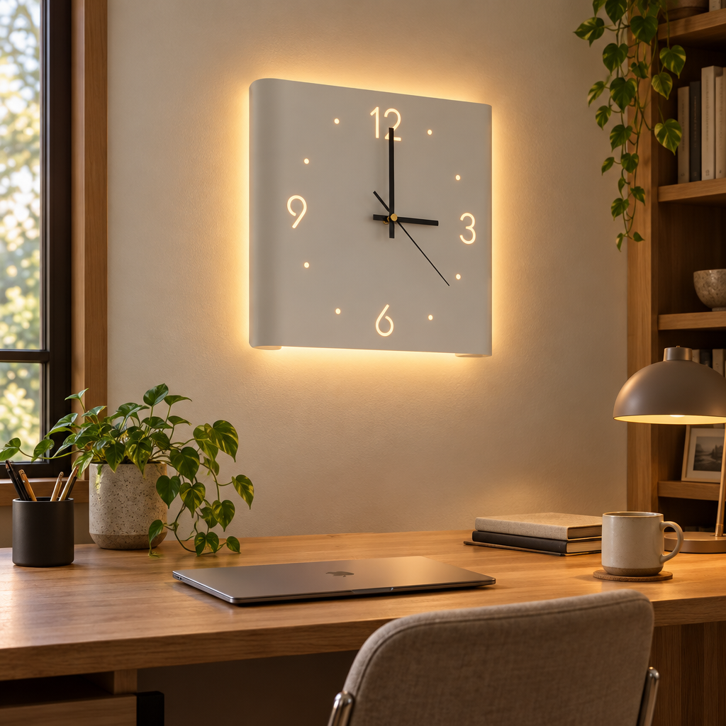 Square backlit wall clock lamp in a home office