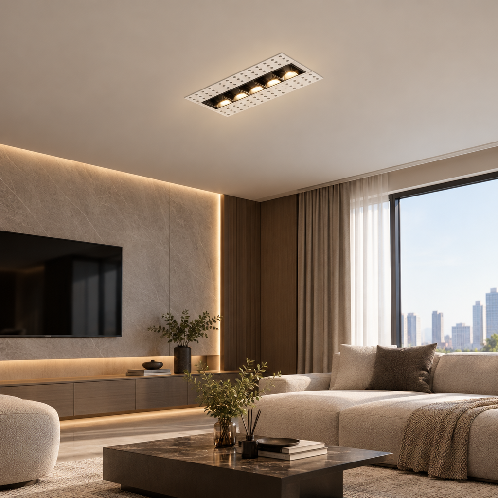Recessed frameless linear LED downlight in a living room ceiling