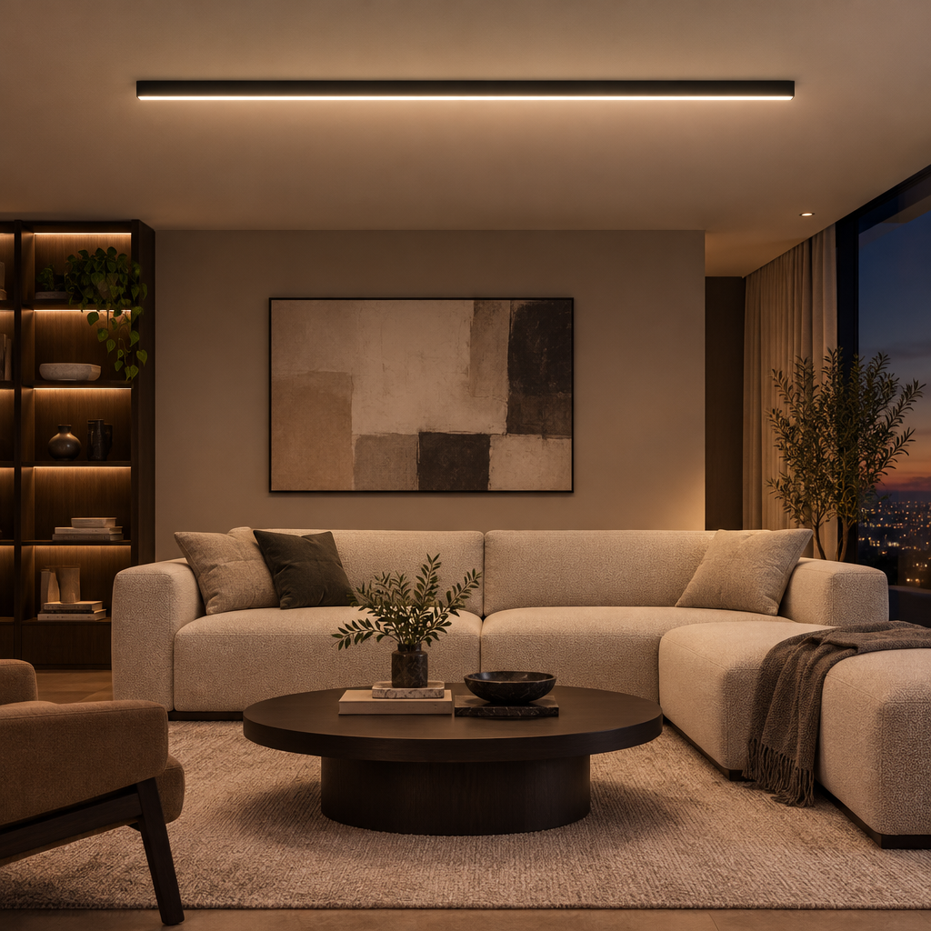 Black linear LED ceiling light on a living room ceiling
