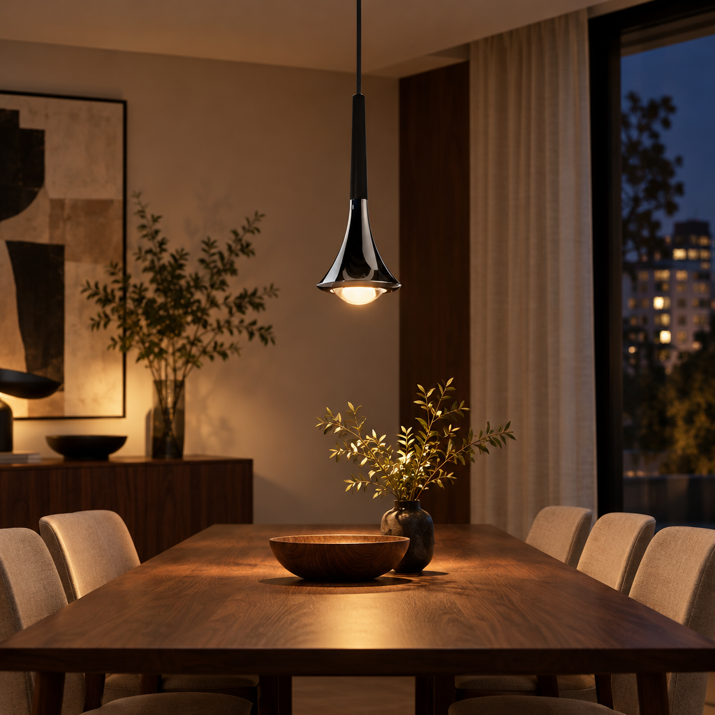Black mini teardrop pendant light above a dining table in a modern dining room