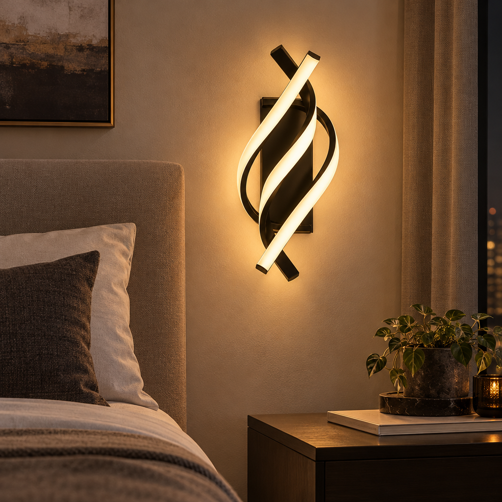 Black spiral twisted LED wall sconce beside a bed in a bedroom