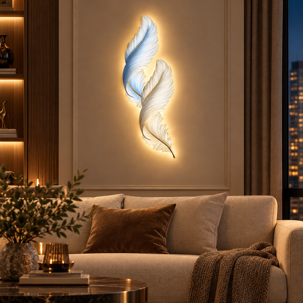 Backlit feather wall decor light above a sofa in a living room