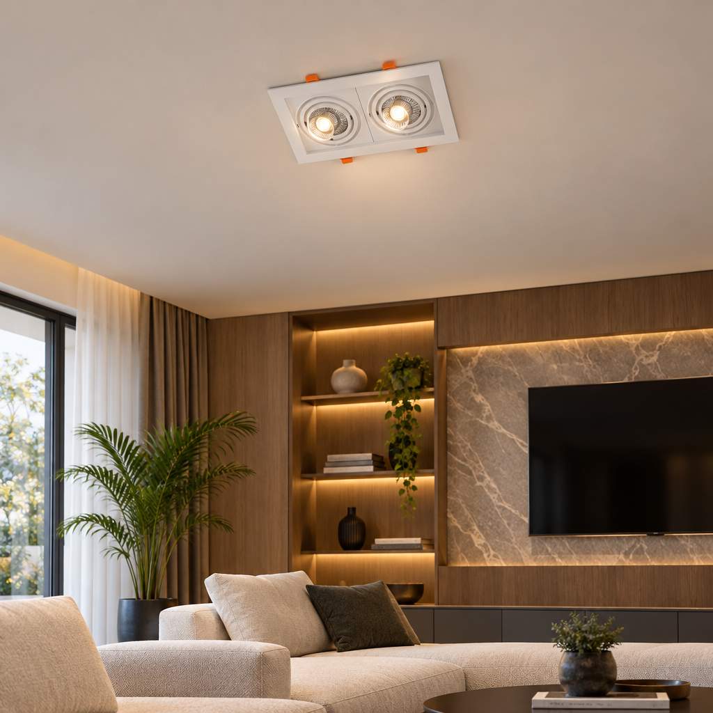 White twin adjustable recessed spotlight in a living room ceiling