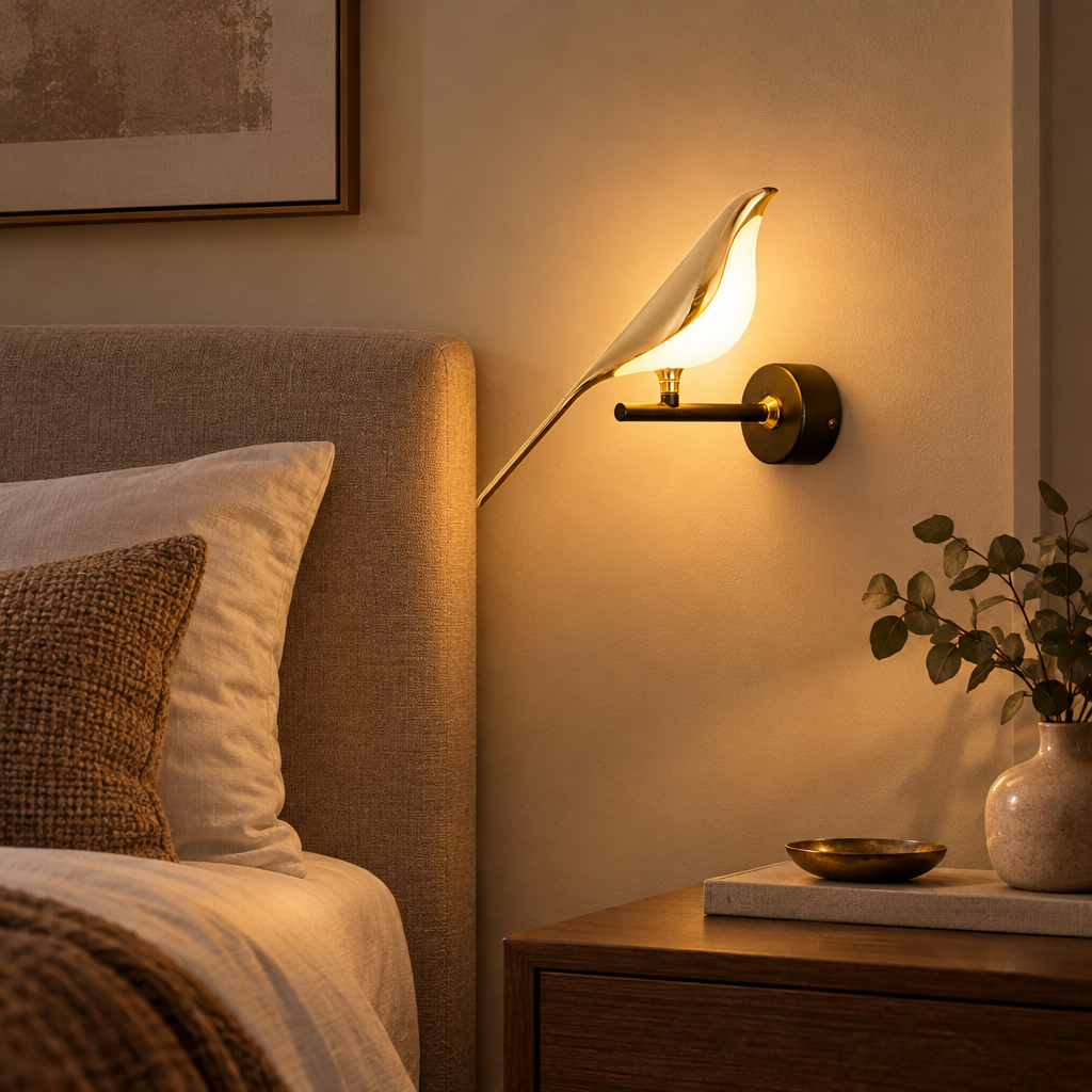 Gold bird wall light with glass bird beside a bed in a bedroom