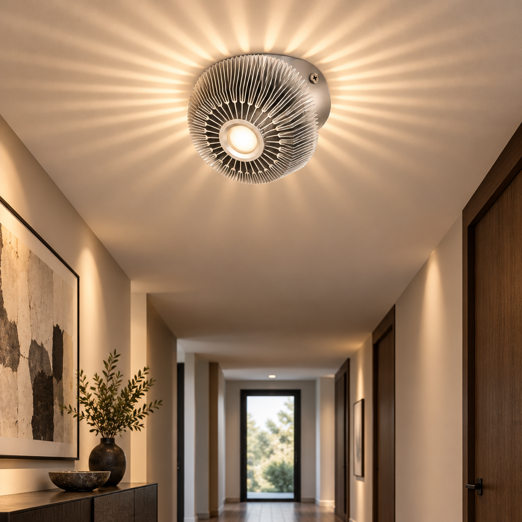 Silver sunburst LED ceiling light casting a light pattern in a hallway