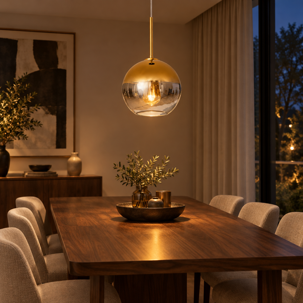 Gold glass globe pendant light above a dining table in a modern dining room