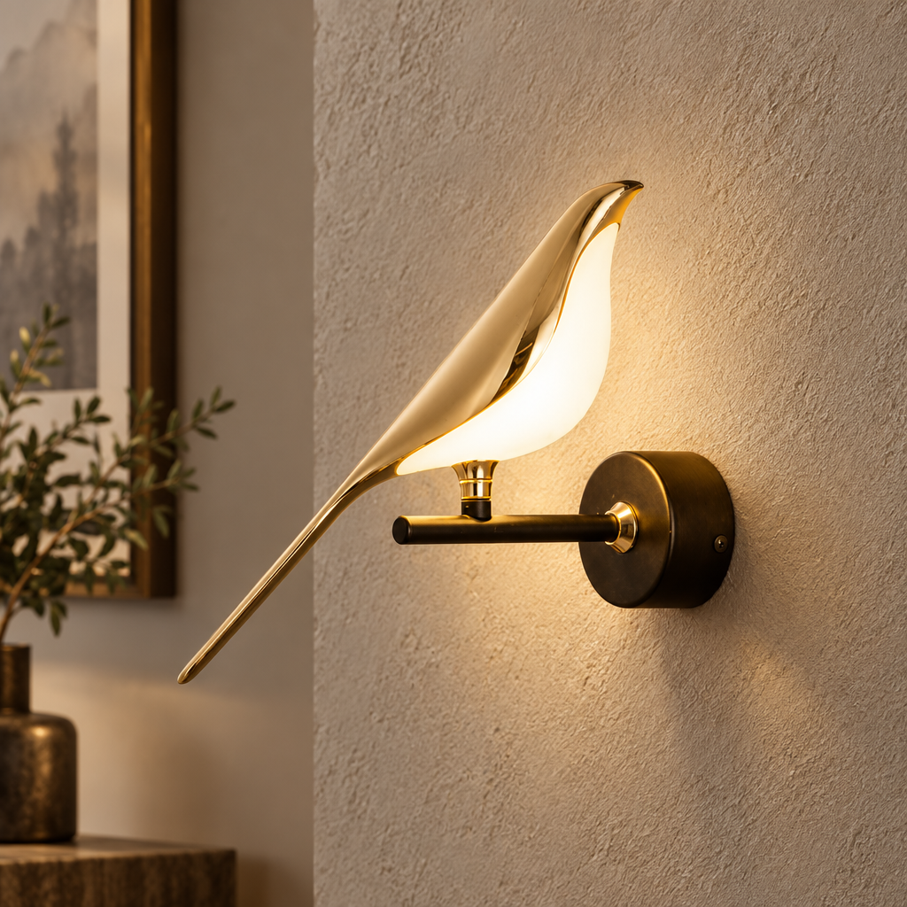Gold bird wall light with glass bird close-up on the wall