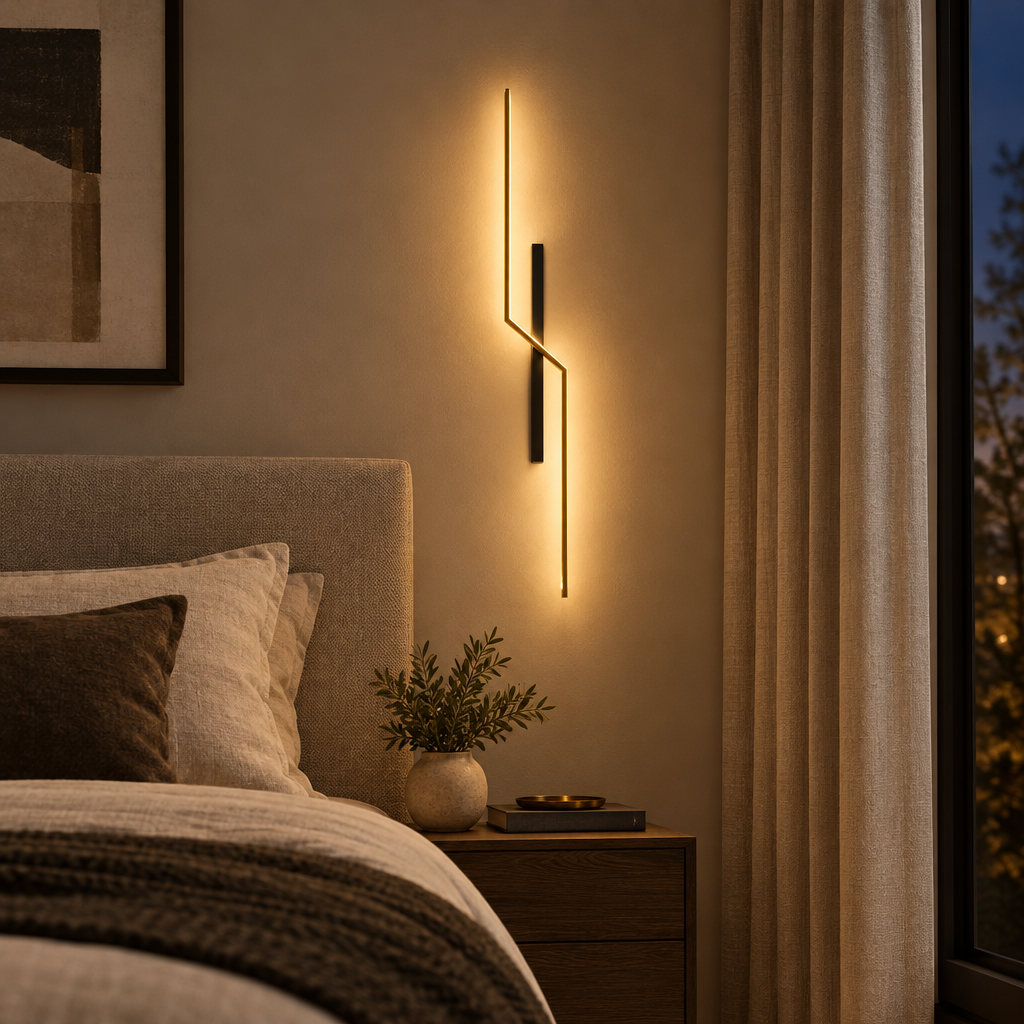 Black and gold modern linear wall sconce beside a bed in a bedroom