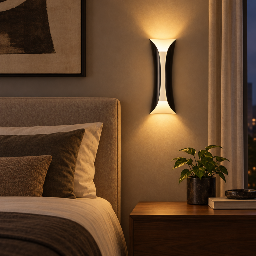 Black and white up-down LED wall light beside a bed in a bedroom