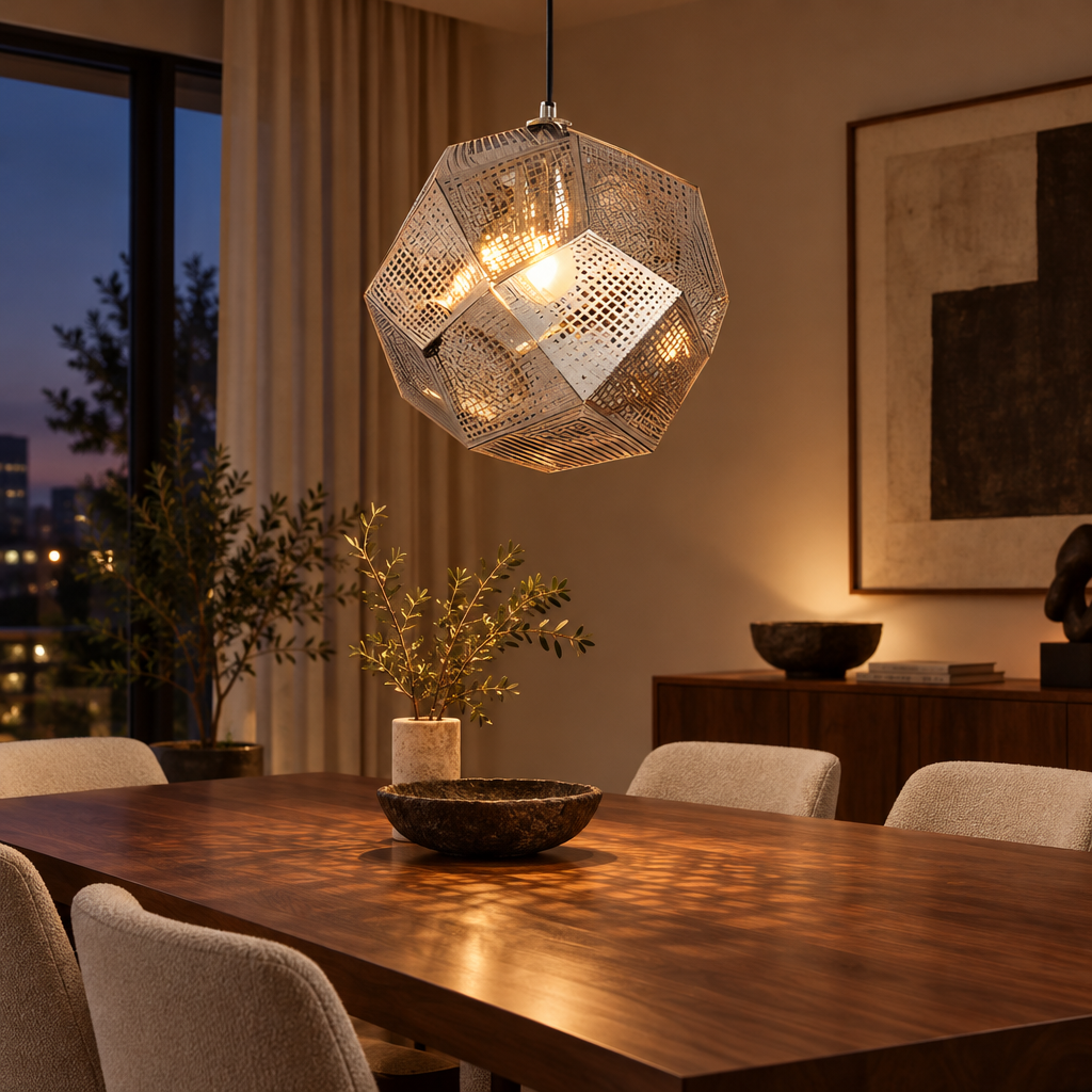 Silver geometric perforated metal pendant light above a dining table in a modern dining room