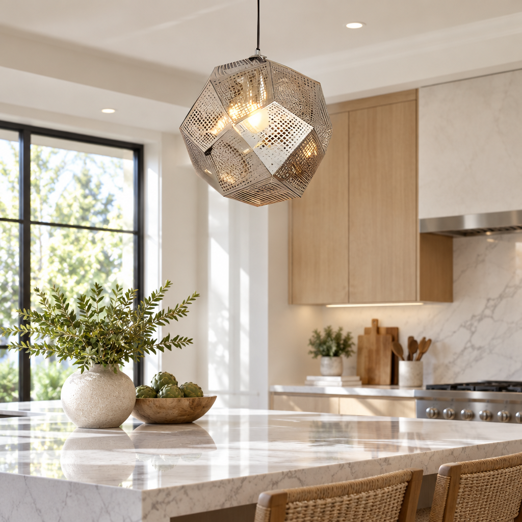Silver geometric perforated metal pendant light over a kitchen island in a bright kitchen