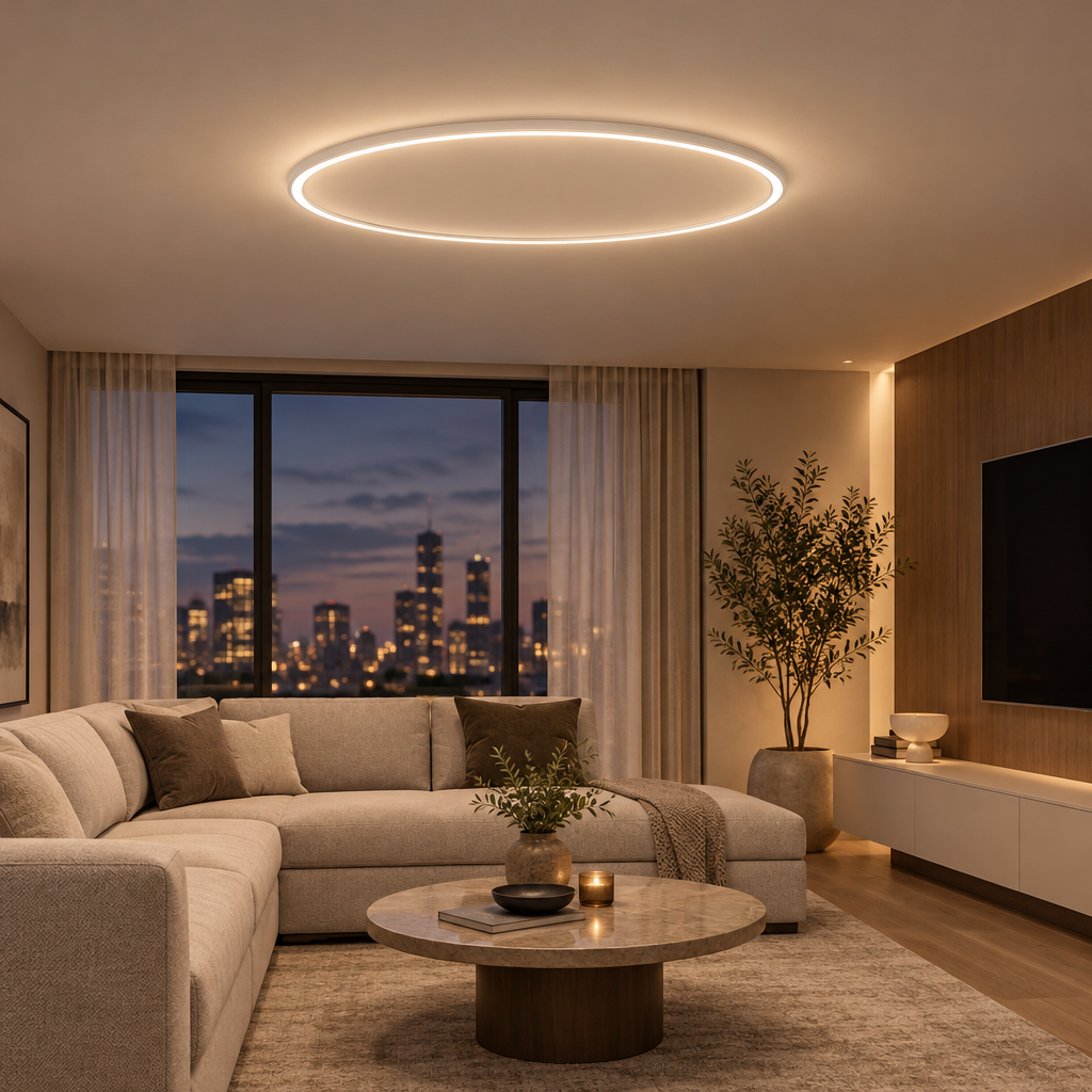 Ultra-thin round LED ceiling light on a living room ceiling