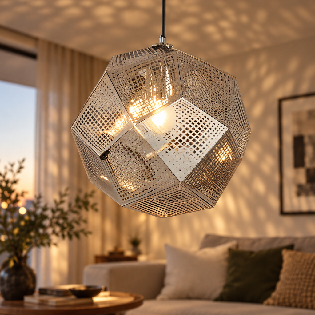 Silver geometric perforated metal pendant light close-up detail