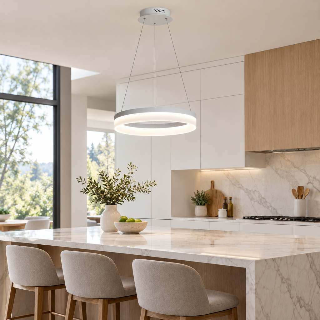 White LED ring pendant light over a kitchen island in a bright kitchen