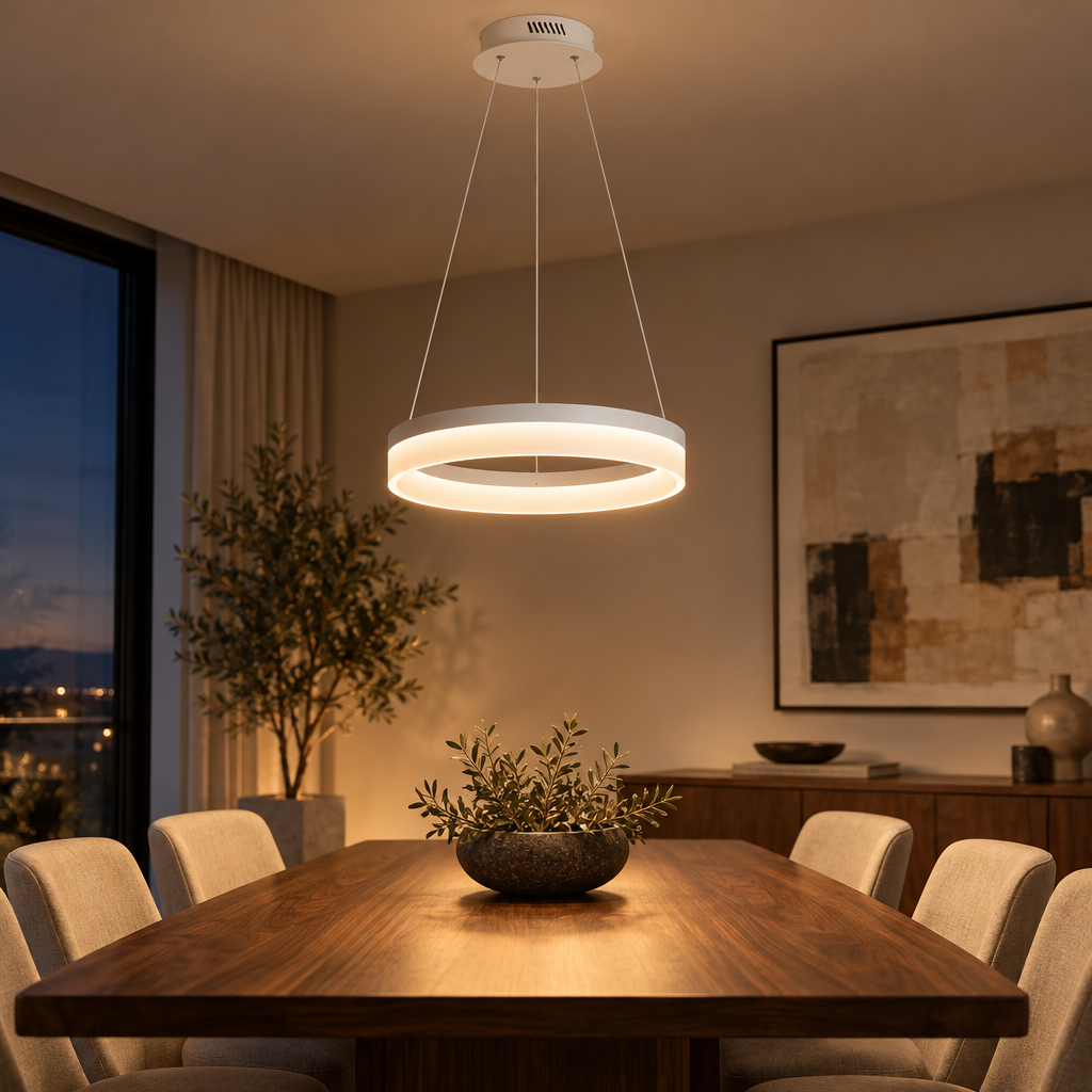 White LED ring pendant light above a dining table in a modern dining room