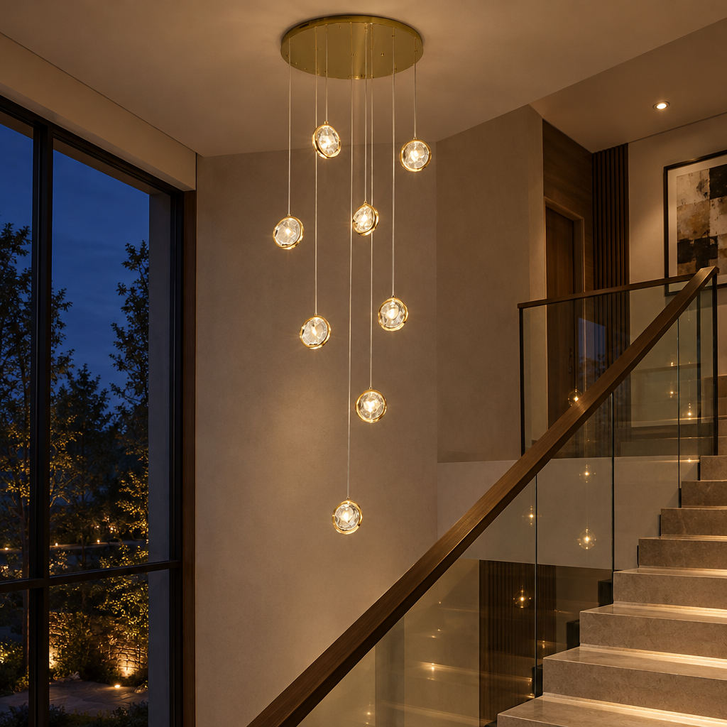 Long crystal globe staircase chandelier in a staircase stairwell