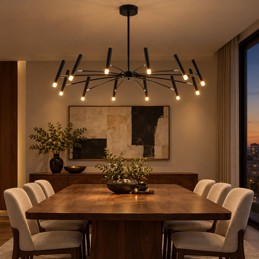 Black adjustable sputnik LED chandelier above a dining table in a modern dining room