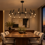 Black adjustable sputnik LED chandelier above a dining table in a modern dining room