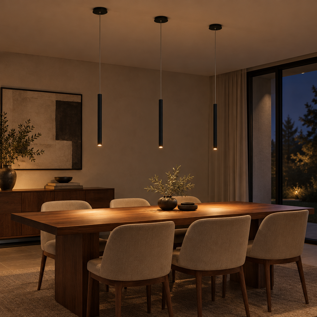 Thin black cylinder LED pendant light above a dining table in a modern dining room