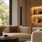 Thin black cylinder LED pendant light close-up detail