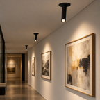 Black surface-mounted cylinder LED spotlight lighting artwork in a hallway