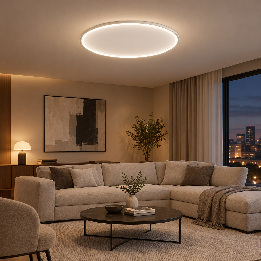 Slim round LED circle ceiling light on a living room ceiling