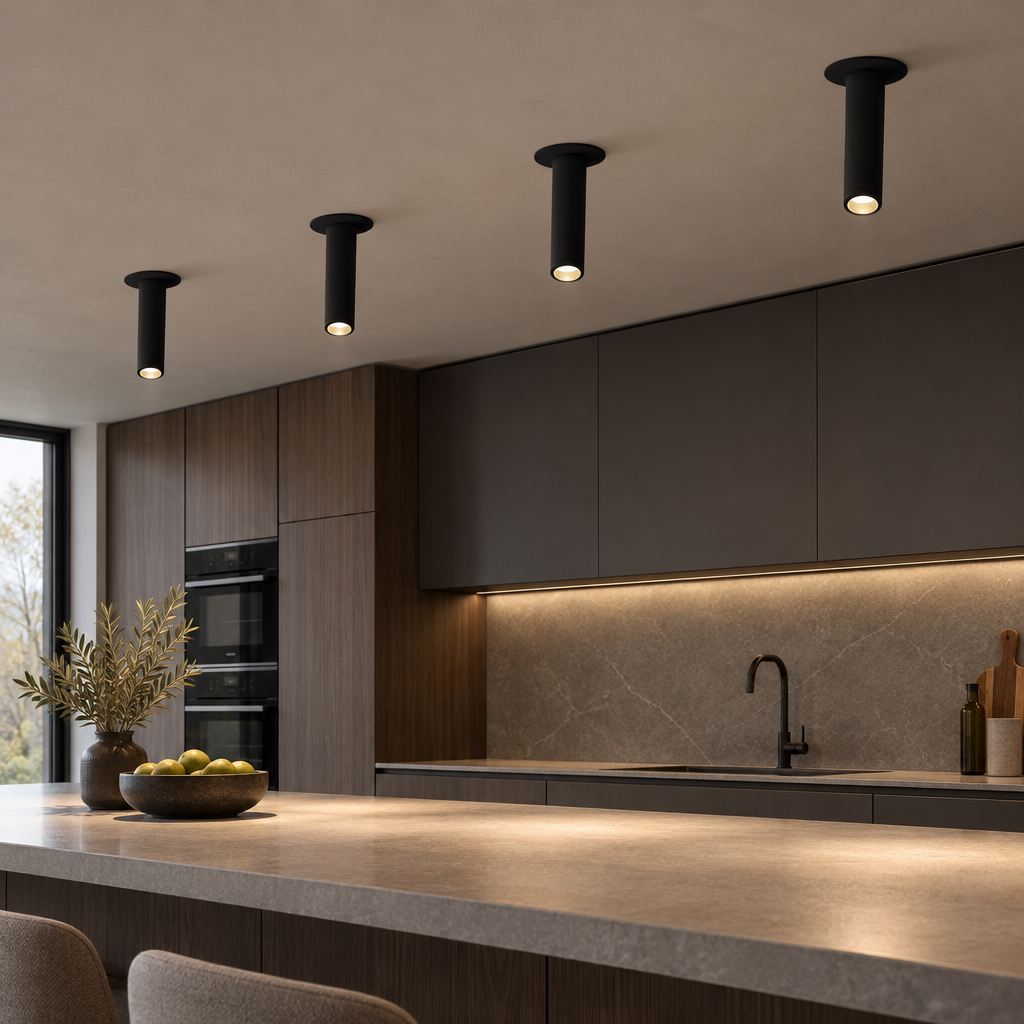 Black surface-mounted cylinder LED spotlights over a kitchen counter