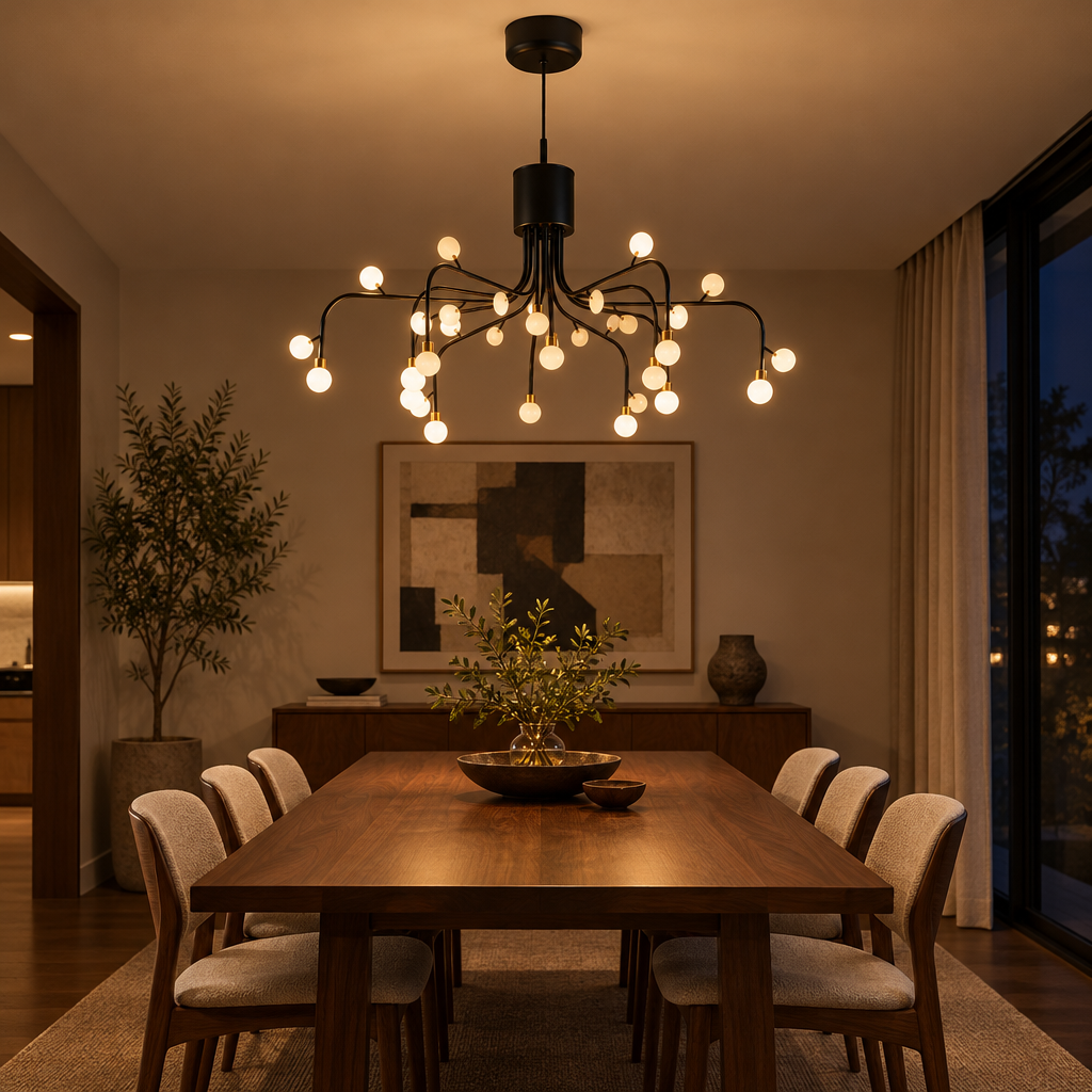 Black retro adjustable chandelier with acrylic globes above a dining table in a modern dining room