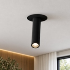 Black surface-mounted cylinder LED spotlight close-up on the ceiling