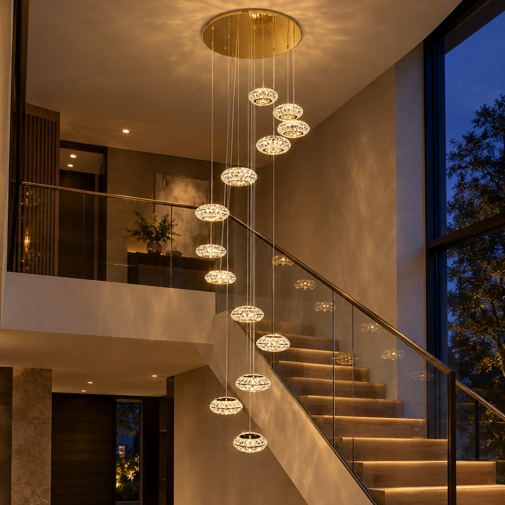 Italian crystal disc chandelier in a staircase stairwell