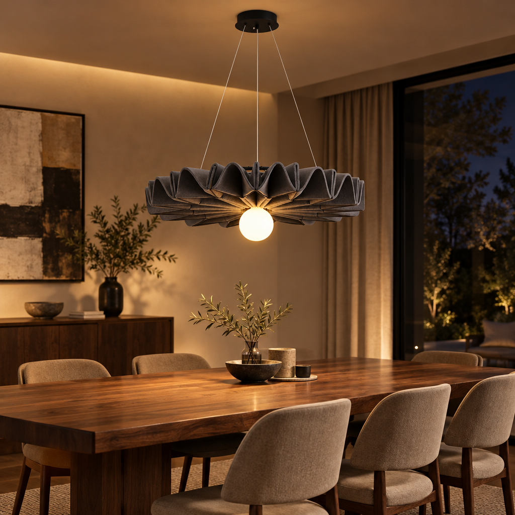 Acoustic felt pendant light above a dining table in a modern dining room